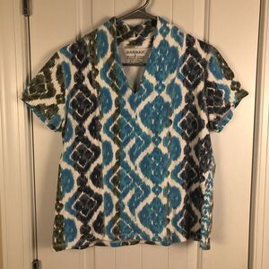 Hannah Womens Blouse Shirt Size Large Multicolor Boho Preppy Coastal Art-to-Wear
